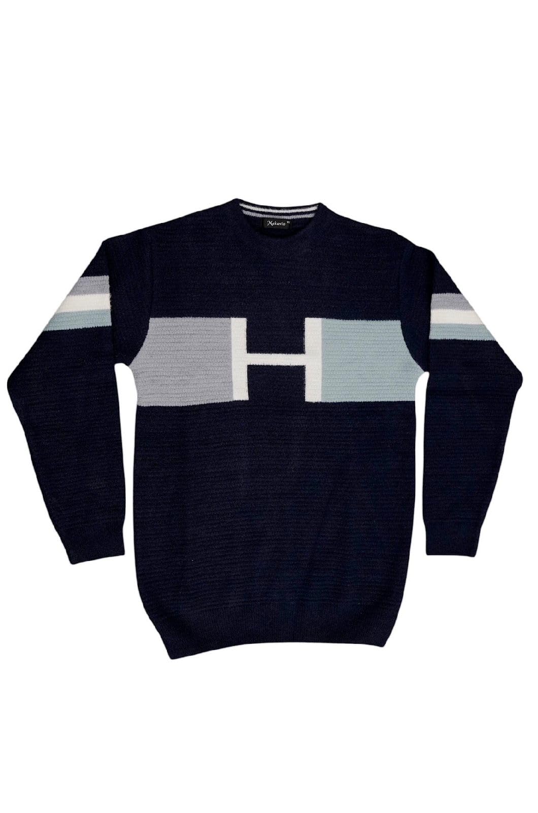 Makavio Men's Knitted Pullover Sweater, H Graphic Design, Crew Neck, Premium Yarn Blend, Winter Wear Navy Blue, Off White-picture-10