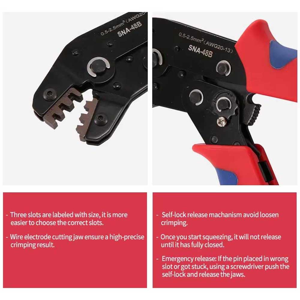 UpToDateTools Non-insulated 20-13 AWG Open Barrel Crimping Tool 0.5-2.5mm², Ratcheting Crimper for Dupont Molex JST TE Terminals & EPC PCIE SATA Pins - SNA-48B 2