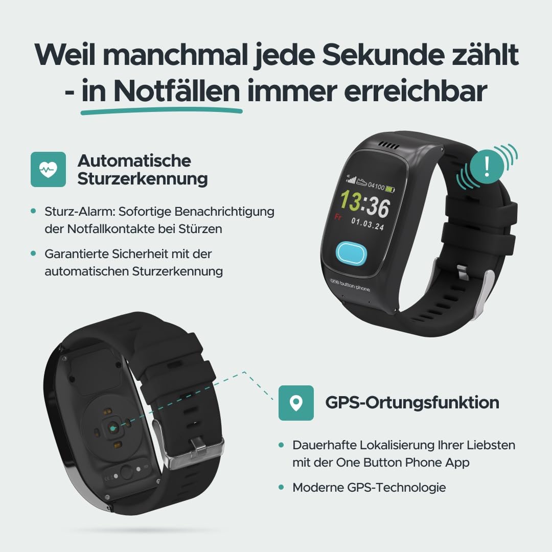 Notfall Uhr mit SOS-Notrufknopf - GPS-Ortung, Sturzerkennung, Telefonfunktion, SIM-Karte dabei, freie Tarifwahl & Kein Abo, Vitaldaten, Familien-App | GPS-Ortung, Sturzerkennung, Telefonfunktion, mit SIM-Karte aber freier Tarifwahl, Kein Abo, Vitaldaten,