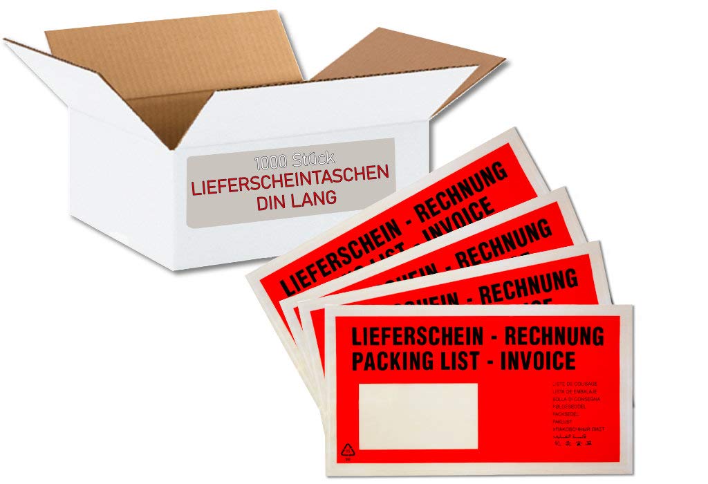 dm-fogli buste per documenti di spedizione DIN lungo I 1000 pezzi I sacchetti autoadesivi per spedizione stampati e documenti di spedizione trasparenti rossi per documenti di spedizione e fatture e