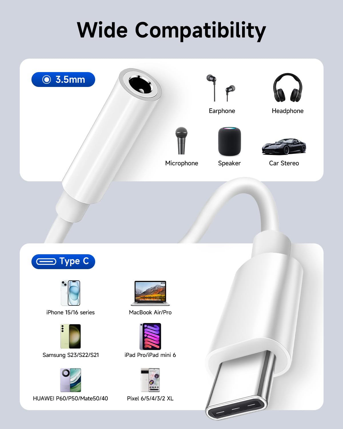 Criello Adaptador USB C a conector de auriculares de audio de 3,5 mm | Cable de audio auxiliar tipo C compatible con iPhone 17/16/15 Pro/Max/Plus, iPad, MacBook, Samsung Galaxy (paquete de 100)