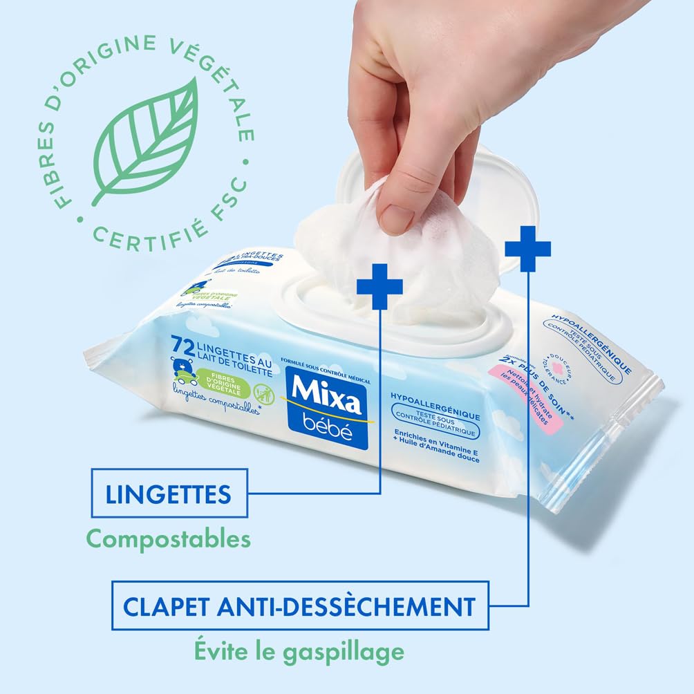Mixa Bébé Lingettes au Lait de Toilette - Peaux Délicates Nourrissons - À l’Huile d’Amande Douce, Vitamine E et Glycérine - Hypoallergéniques - Lingettes Compostables - Lot de 12 x 72, 864 Lingettes