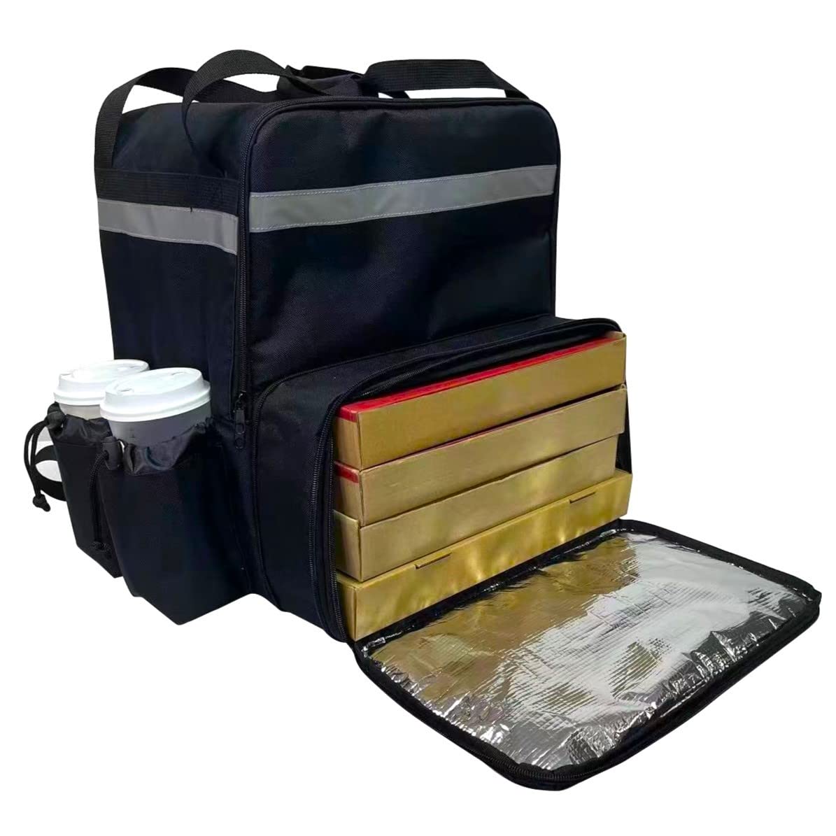 Delivery Bag Store Erweiterbarer Lebensmittel-Lieferrucksack mit 4 Getränkehaltern, Pizza-Liefertasche, isolierte Liefertasche mit reflektierenden Streifen für Fahrradlieferungen, für Uber Eats