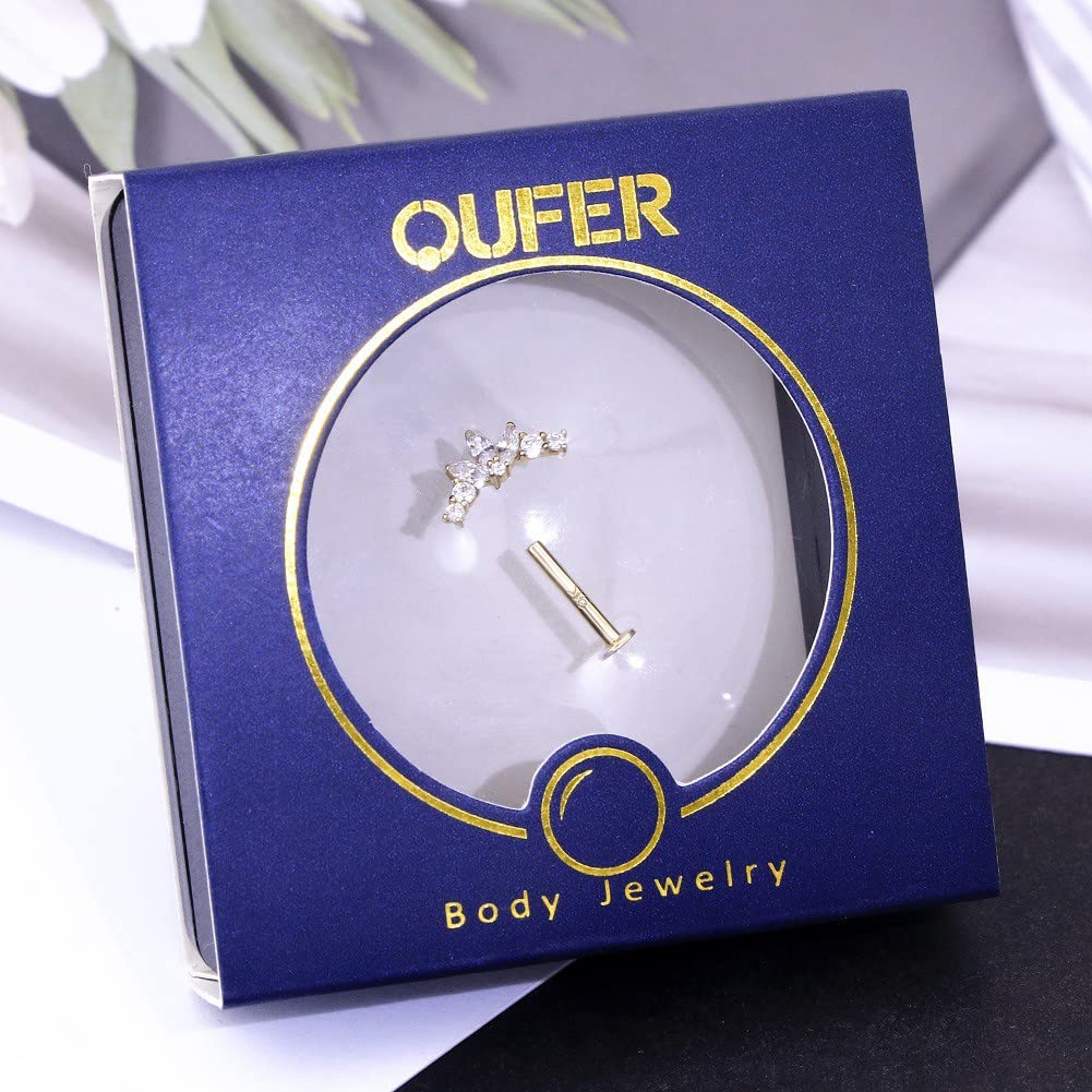 OUFER 9ct Gold Ohrpiercing Helix Piercing Conch Ring 16G Sparkly CZ Internally Thread Flat Lippe Lippenpiercing Labret Tragus Ohrringe Ohr Studs Cartilage Knorpel Ohrstecker Schmuck Women