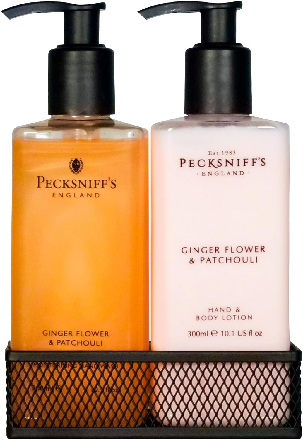 Pecksniff's Luxury Bath Gift Set, Ginger Flower and Patchouli Moisturizing Hand Soap and Body Lotion Set with Caddy, 10.1 Fl Oz