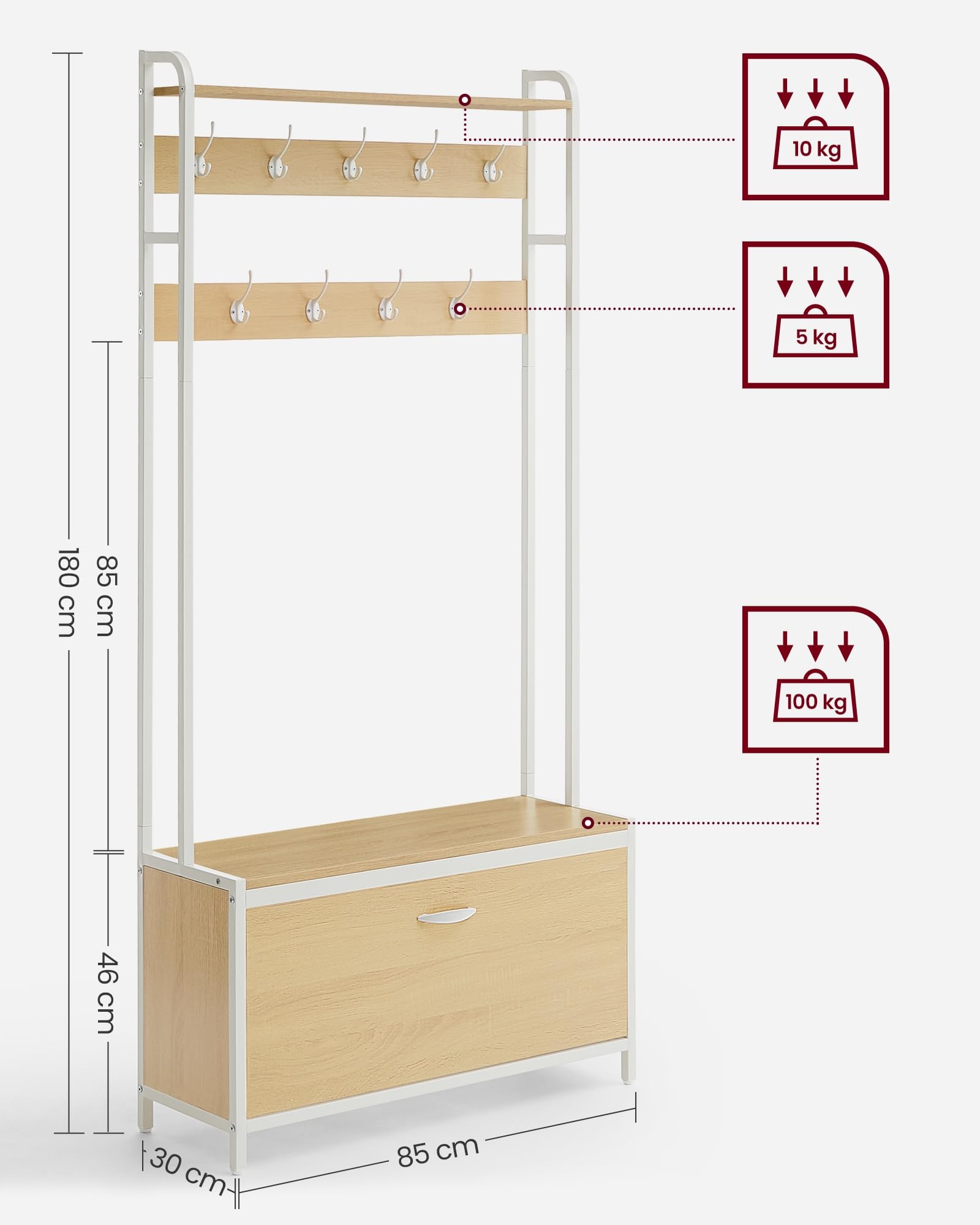 VASAGLE Garderobenständer mit Schuhschrank, Garderobe mit Sitzbank, Kleiderständer, Schuhkipper, 9 Haken, obere Ablage, für Flur, Schlafzimmer, modernes Design, eichenfarben-weiß HSR405W09