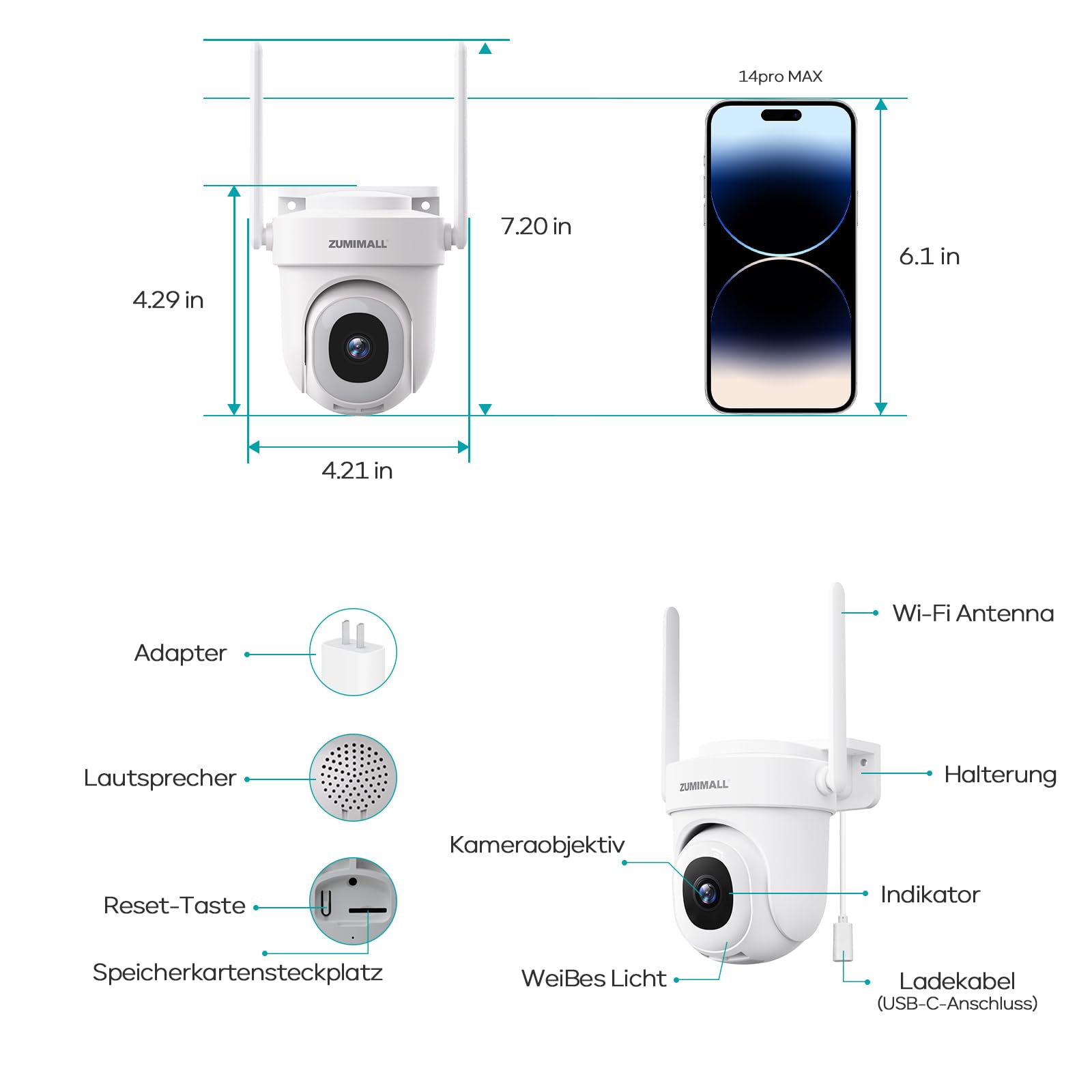 ZUMIMALL 2.5K Überwachungskamera Aussen, Auto-Tracking, 24/7 Aufnahme, 2PCS | 355°/90° PTZ, Kabelgebunden, 2.4/5G Dualband WLAN Kamera überwachung aussen, 5MP Farbnachtsicht, KI-Erkennung