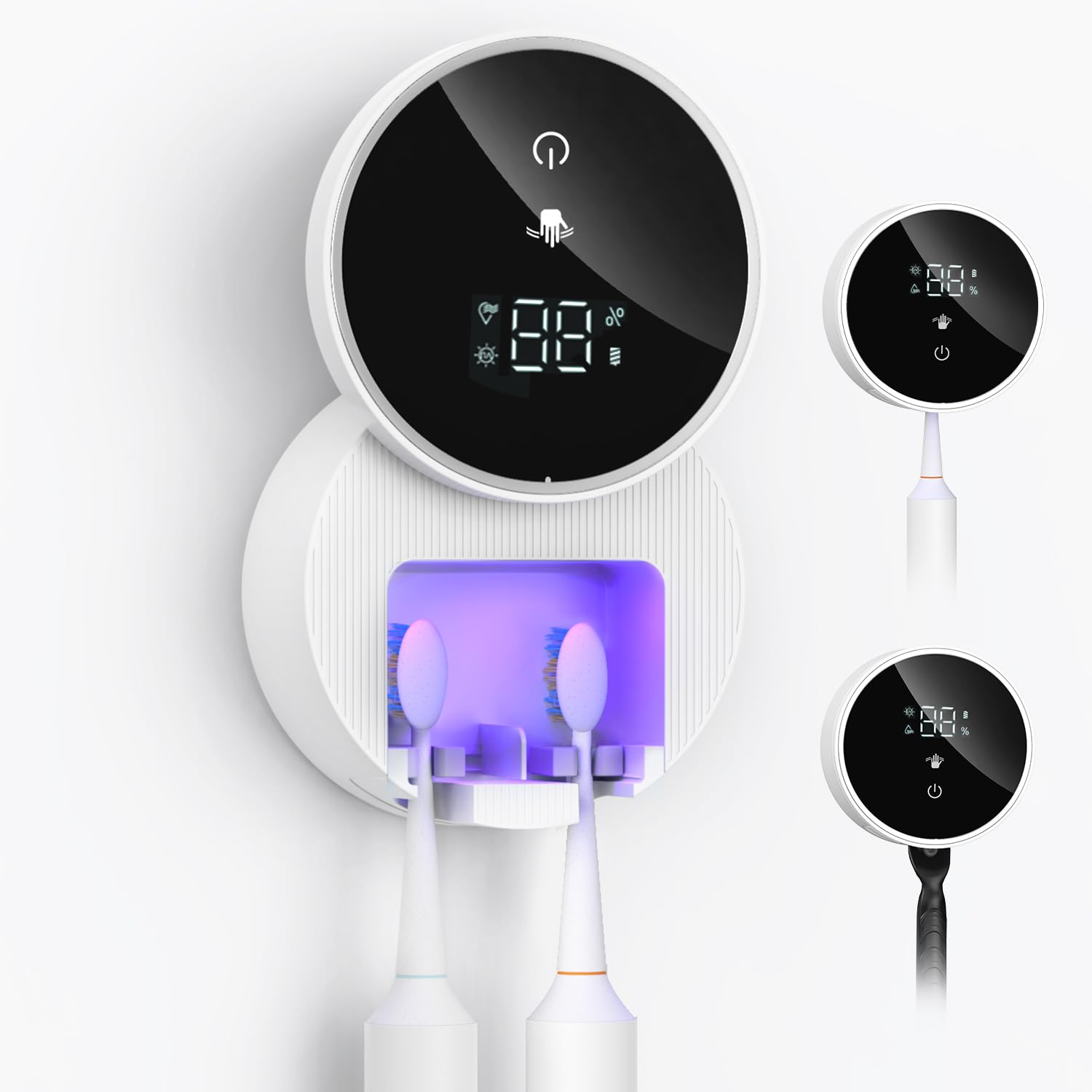 AMIR UV Toothbrush Cleaner Holder with LED Smart Screen, 60°C Drying & UV Sterilization, Auto Sensor Open/Close, Wall-Mounted Electric Toothbrush Holder for Home & Travel