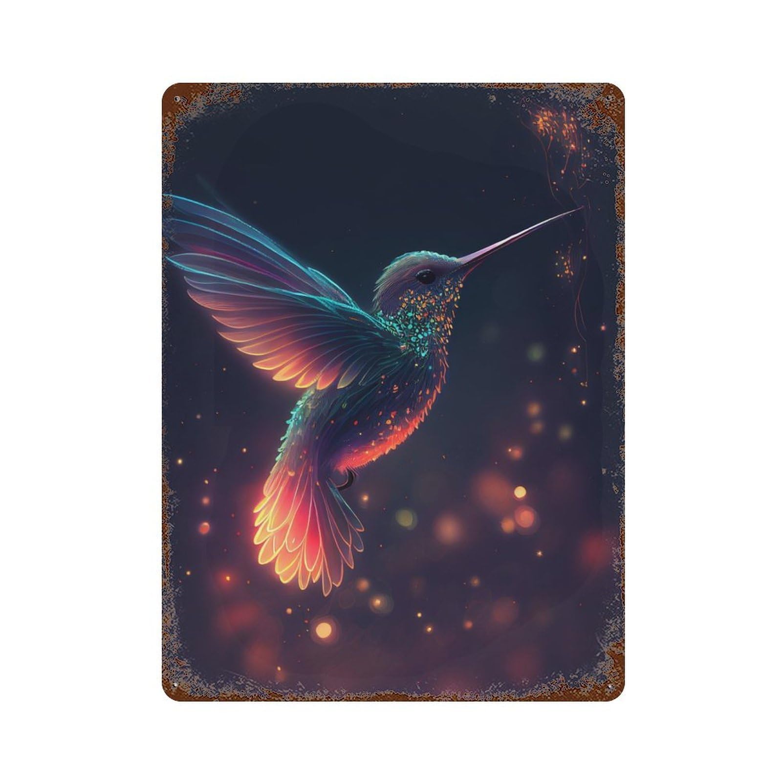 Rust Effect Hummingbird Fireflies Vintage Rust Metal Sign 15.7"x11.8", Classic Wall Plaque for Shed, Workshop And Garage Wall Decor