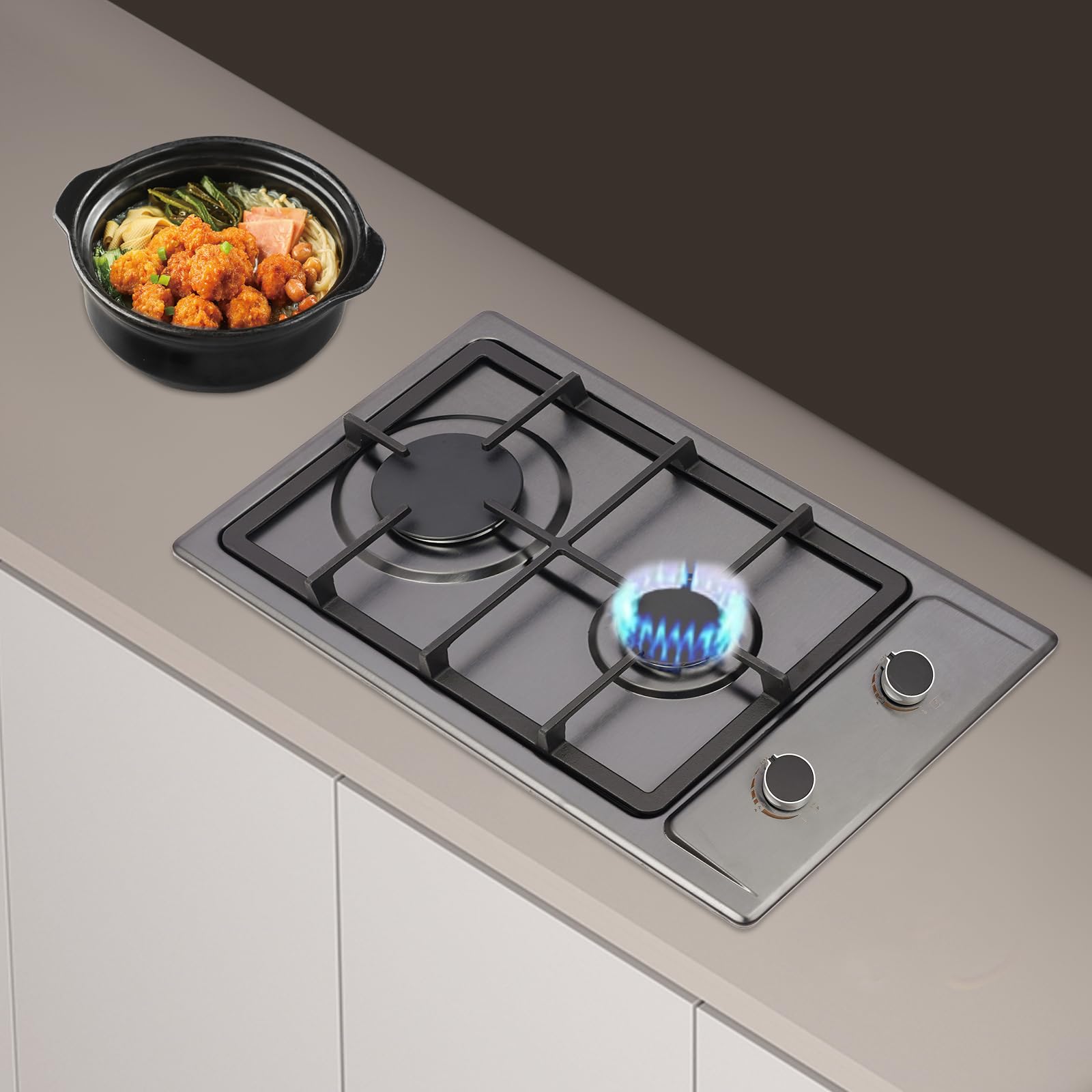 Cocina de gas para interiores, estufa de gas portátil de 2 fuegos con válvula reductora de presión, manguera de 1,5 m, placa de gas para el hogar, cocina, camping, jardín, catering, 6 kW
