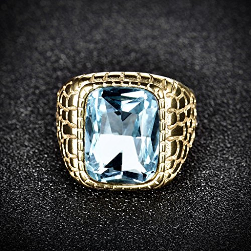 MASOP Engraved Stainless Steel Mens Ring Blue Synthetic Aquamarine Cubic Zirconia Gold Color Luxury3