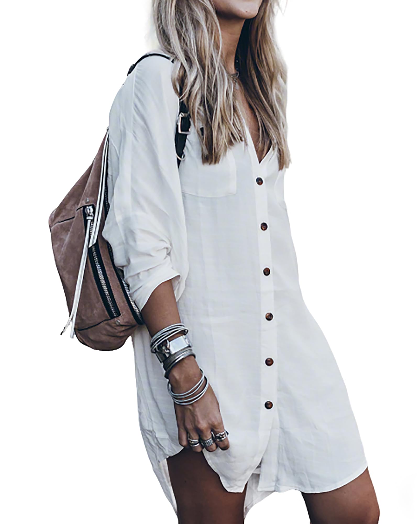 Bsubseach Womens Long Sleeve Linen Swimsuit Cover Up Button Down Beach Cover Ups Summer Swim Shirt Dresses