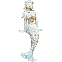 8.7" Tall Heavy Duty Cast Iron Mermaid Statue,Shabby Chic Sitting Mermaid Figure Ornament for Decorate Swimming Pool/Pond/Planter Stands/Book Shelf/Corner Table,White