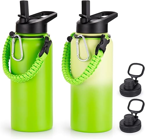 Botellas de agua de 32 onzas a granel con tapa de popote y boquilla y asa de paracaídas, paquete de 2 botellas de agua aisladas, doble pared, aptas