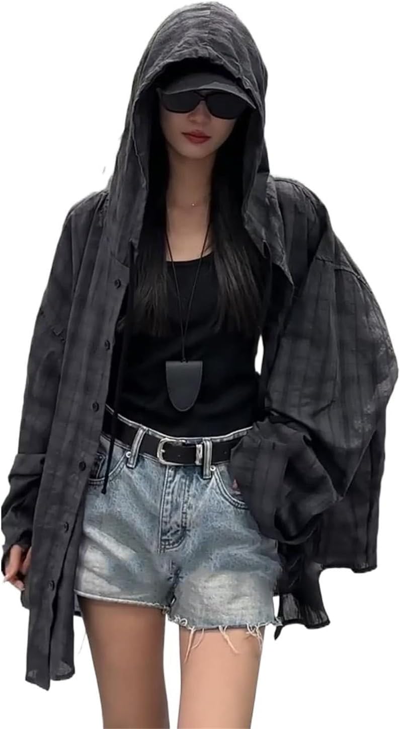 Women's Gray Hooded Plaid Shirt Spring Lightweight Cover-Up Shirts for Women