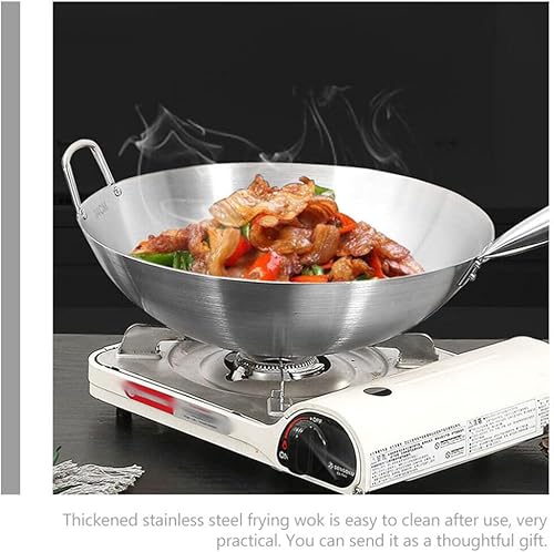 Miniatura 5 de Happyyami Wok tradicional de acero al carbono martillado a mano con mango auxiliar de madera y acero, wok de acero inoxidable, sartén de cocina para
