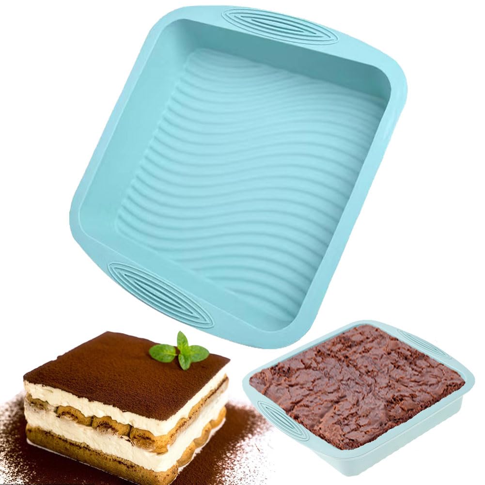 Square Cake Tin, 8'' Silicone Baking Tray with Non-Slip Grips, Non-Stick Brownie Baking Tin Cake Pan Cake Mould for Cheesecake, Brownie, Cake, Bread, Chocolate Pie, 21x20x5cm (1pc)