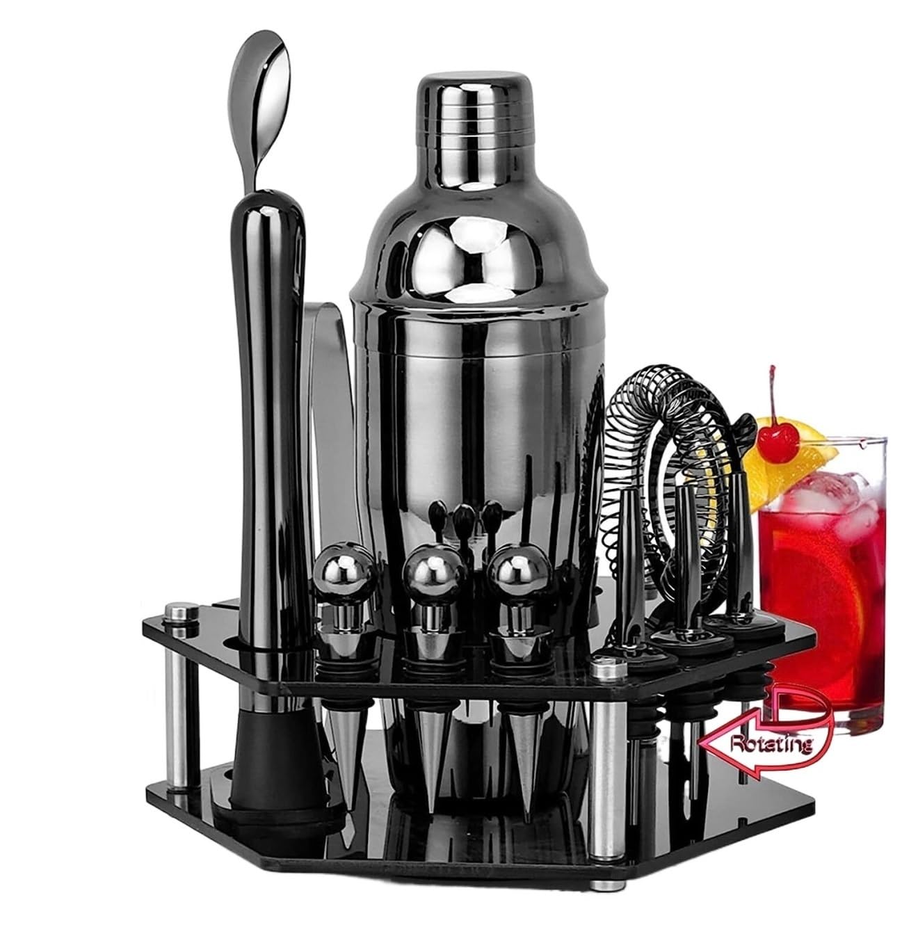 Shaker Cocktail Kit Barman Kit Da Barista Da 750 Ml Set Da 14 Pezzi Per Cocktail In Acciaio Inossidabile Con Supporto Girevole Set Cocktail Set Barman (Color : Black, Size : 750ml)