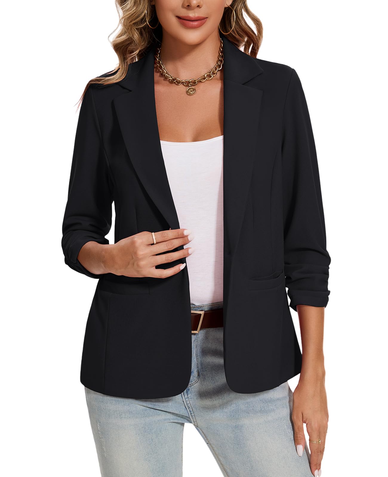 MINTLIMIT Blazers for Women Ruched 3 4 Sleeve Notch Lapel Button Front Blazer Casual Work Office Suit Jacket