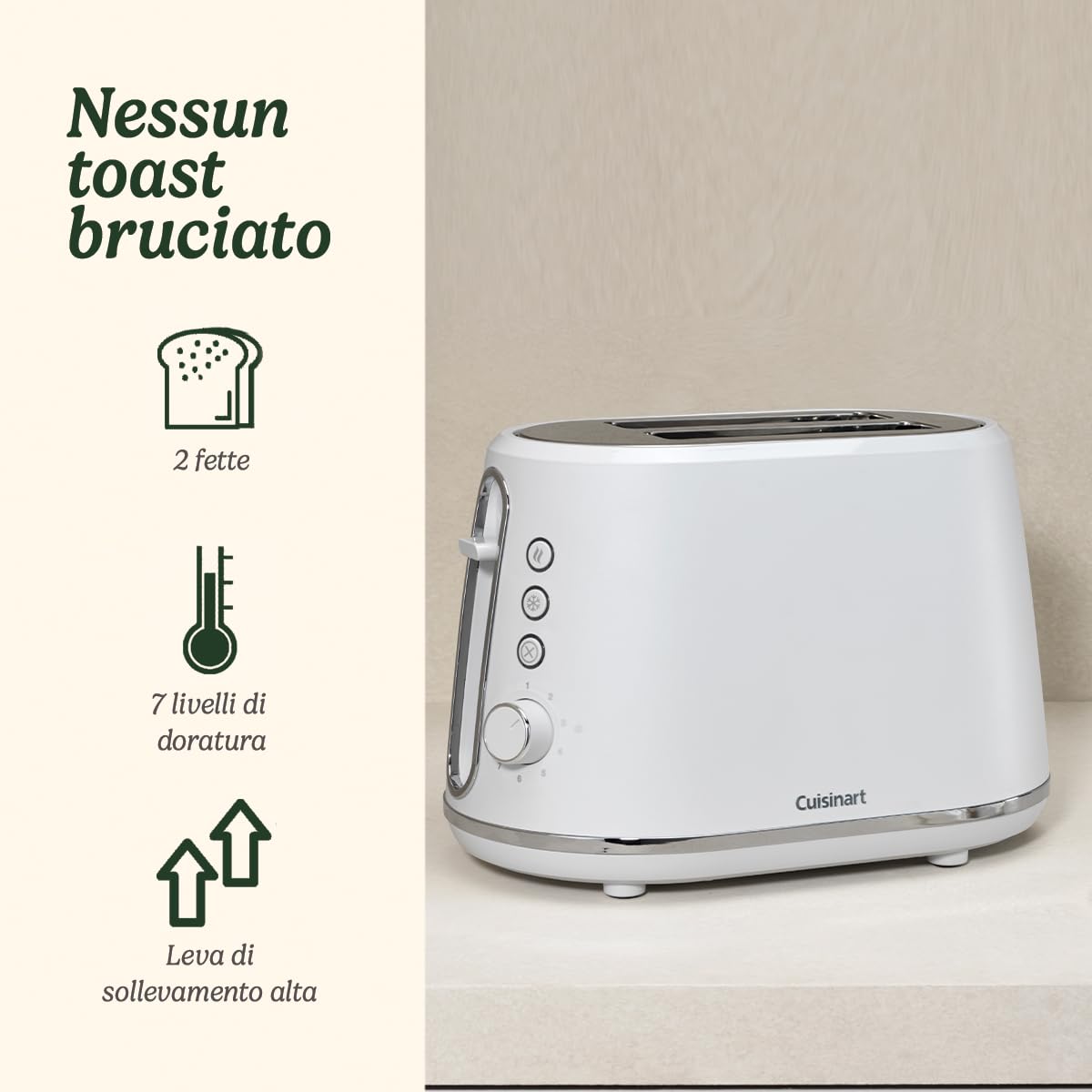 Cuisinart Tostapane a 2 fette | Fessure larghe, ideali per pane spesso e bagel | Leva di sollevamento alta | 7 livelli di doratura più scongelamento | Bollitore abbinato disponibile | Bianco