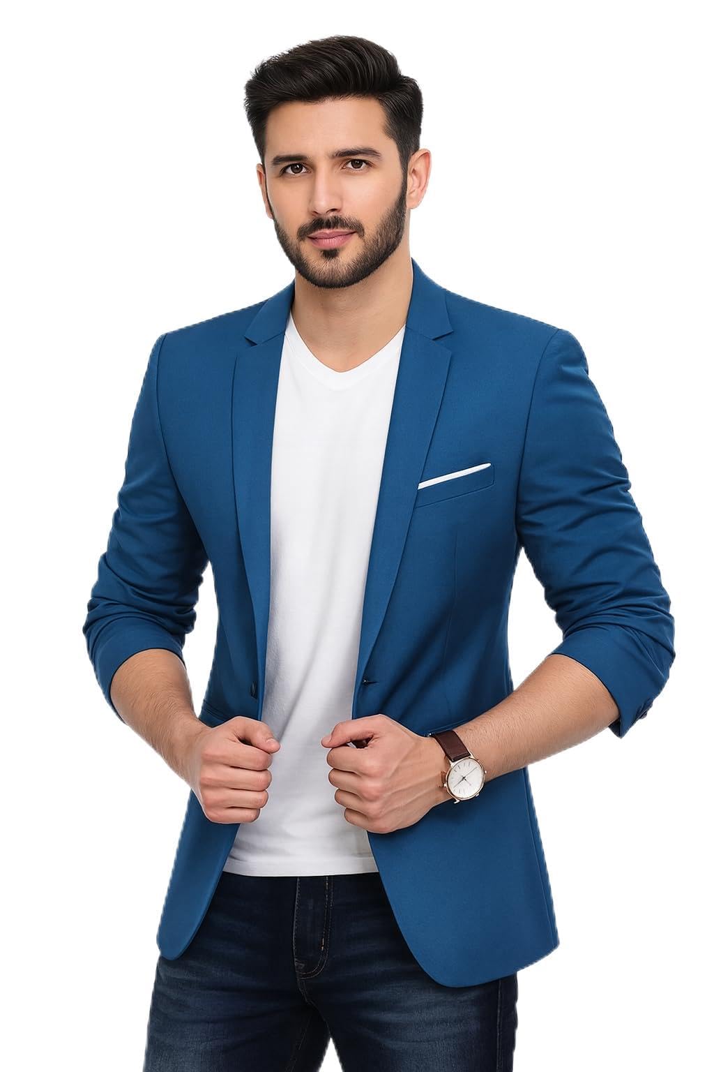 darbar in Men's Blue Blazer, Single Button, Notch Lapel, Casual Formal Jacket with Pocket Square-picture-50