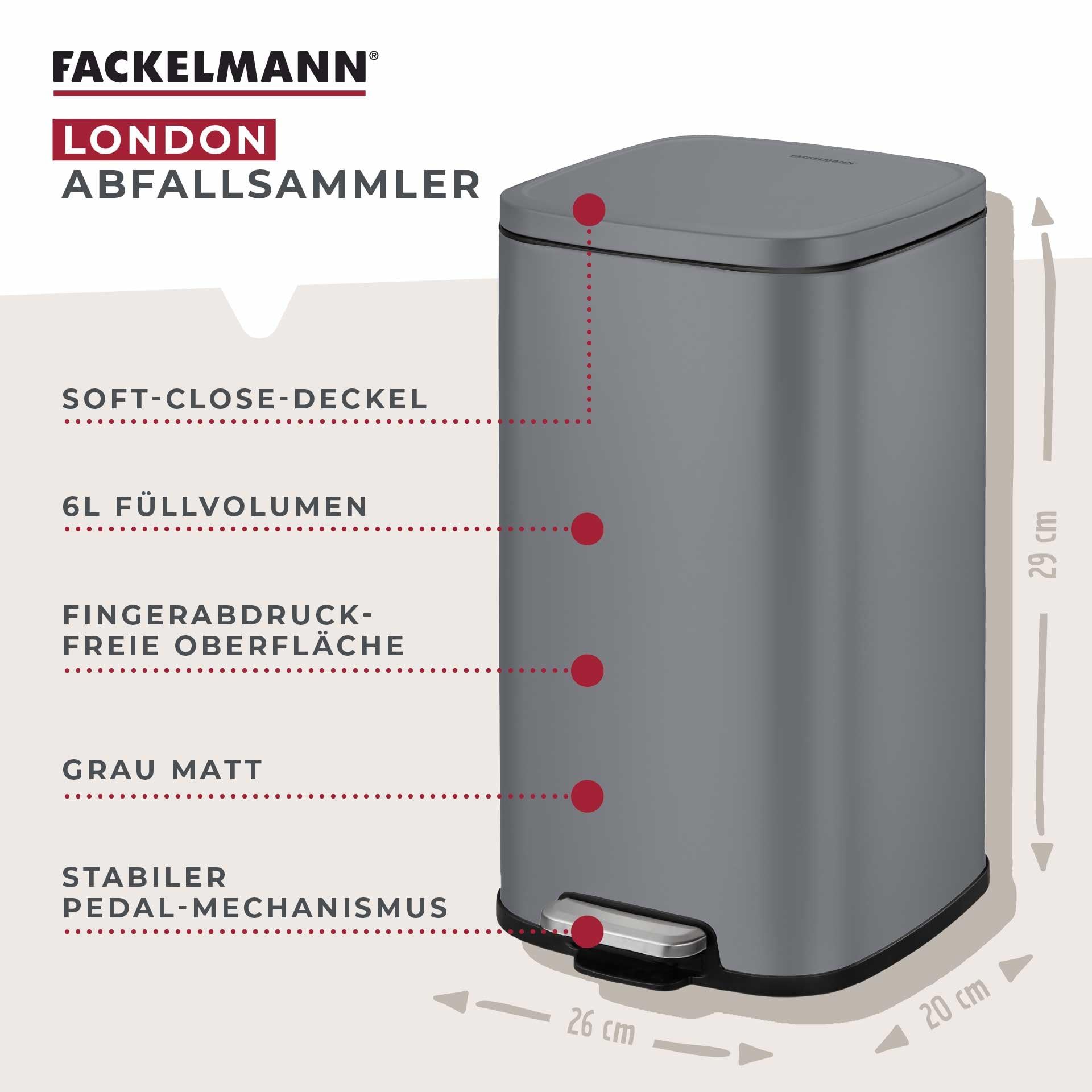 FACKELMANN LONDON Pedal-Abfallsammler 6L – Stilvolles Design in Dunkelgrau, Mit gedämpftem Deckel und Anti-Fingerprint Oberfläche, ca. 20 x 26 x 29 cm