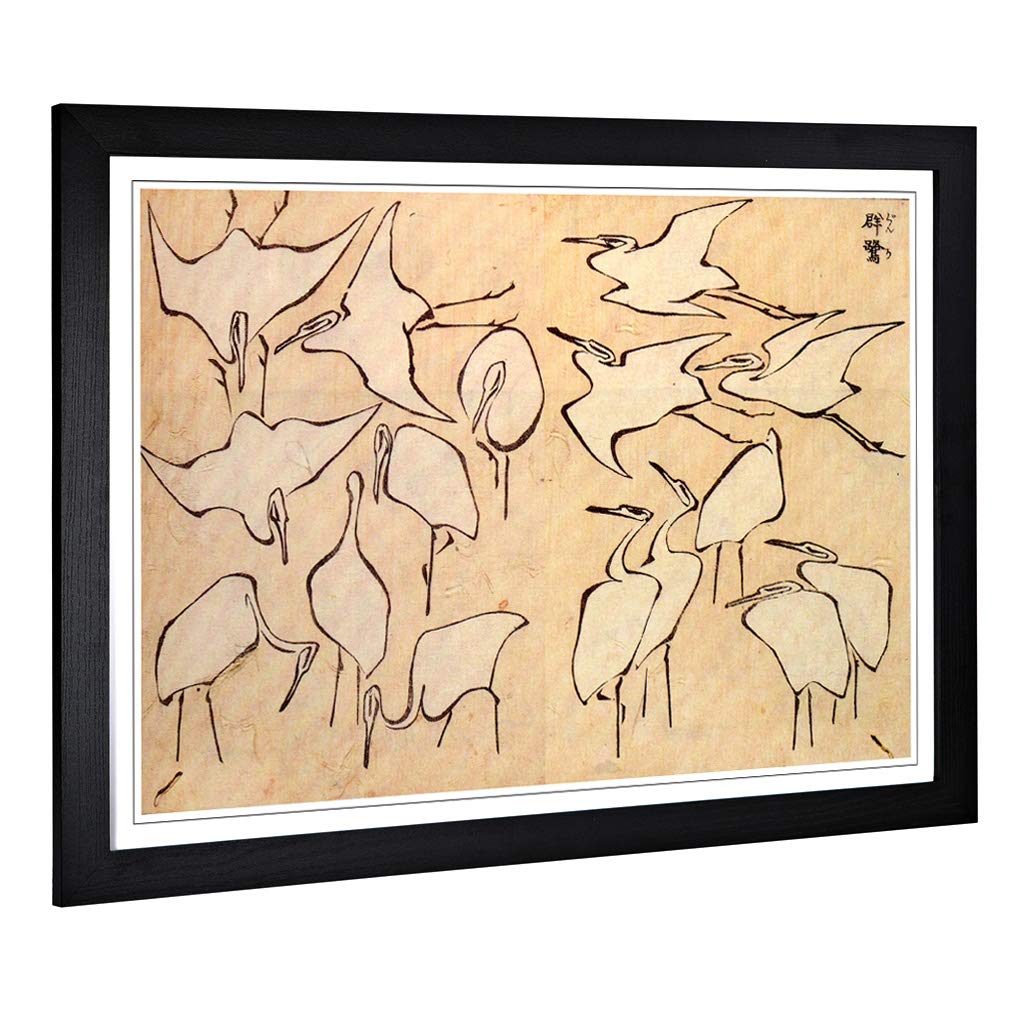 Big Box Art Framed Print of Hokusai Cranes Japanese Oriental Design | Wall Art Picture | Home Decor for Kitchen, Living Room, Bedroom, Hallway, Black, A2 / 24.5x18 Inch / 62x45cm