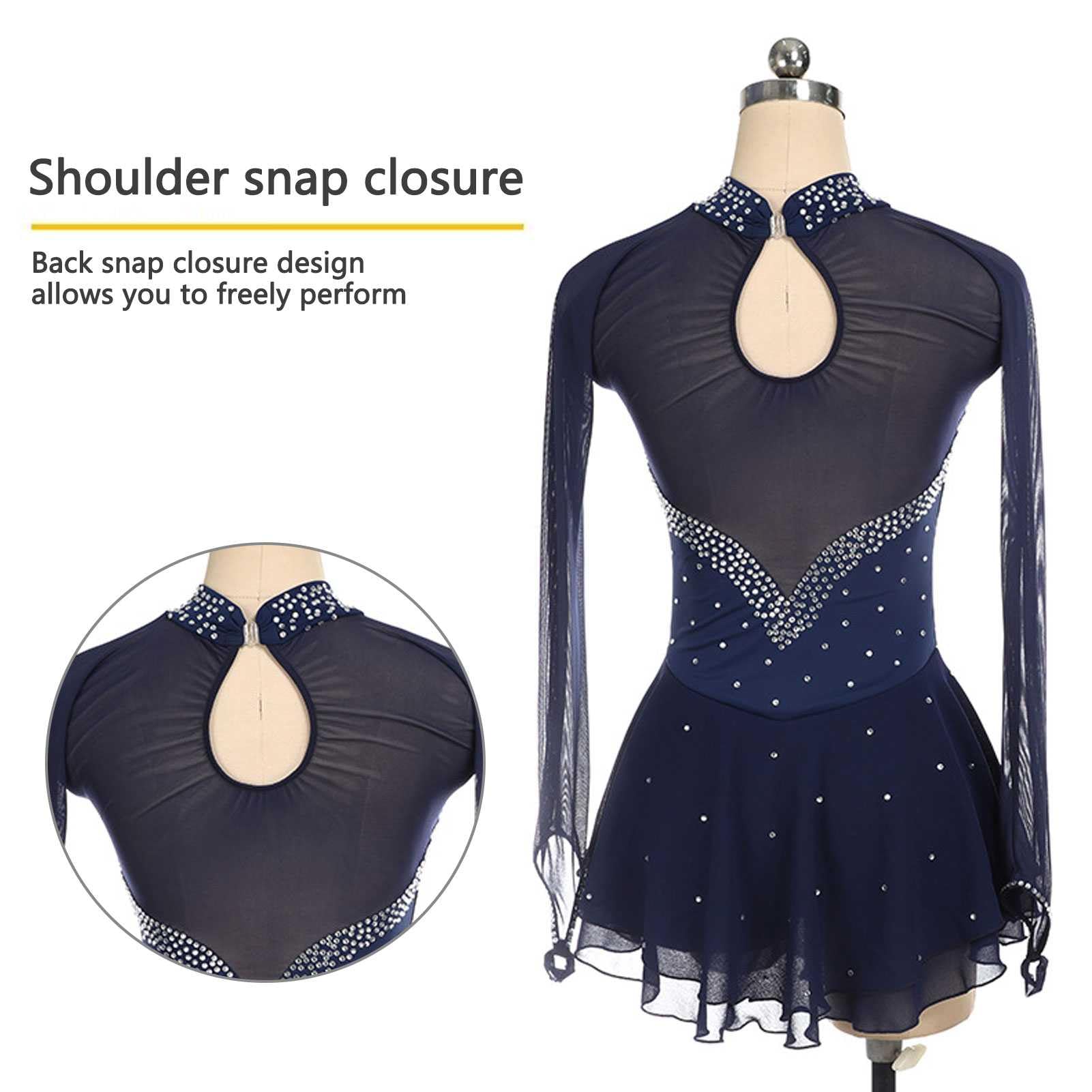 Robe de Patinage Artistique, Fille Femme Strass Justaucorps de Danse Gymnastique à Manche Longue, Robe Compétition De Patinage sur Glace