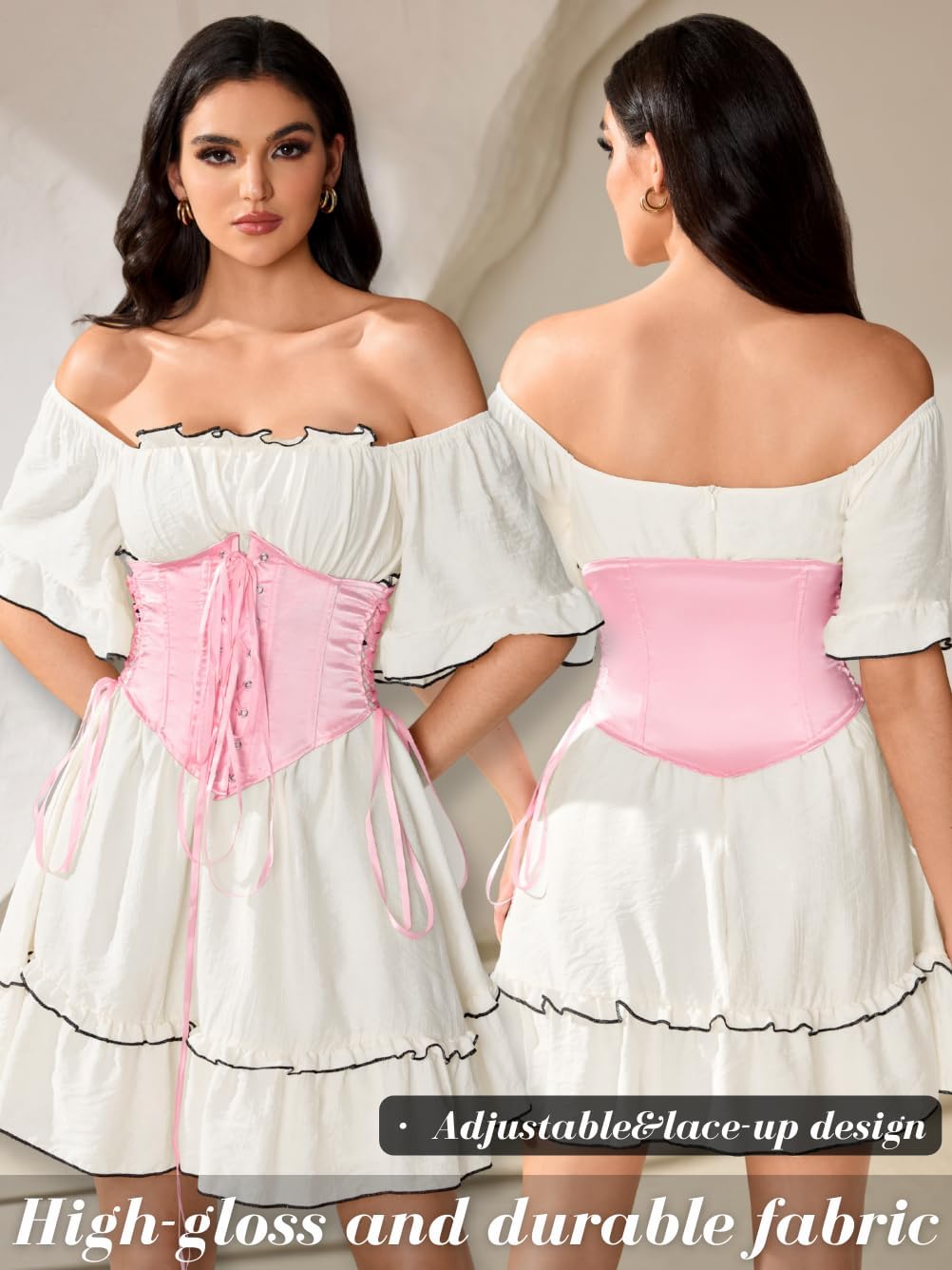 Women's Renaissance Underbust Boned Corset, Lace-Up Front Satin Half Waspie, Wide Waist Belt Cincher Sizes S-3XL - Image 3