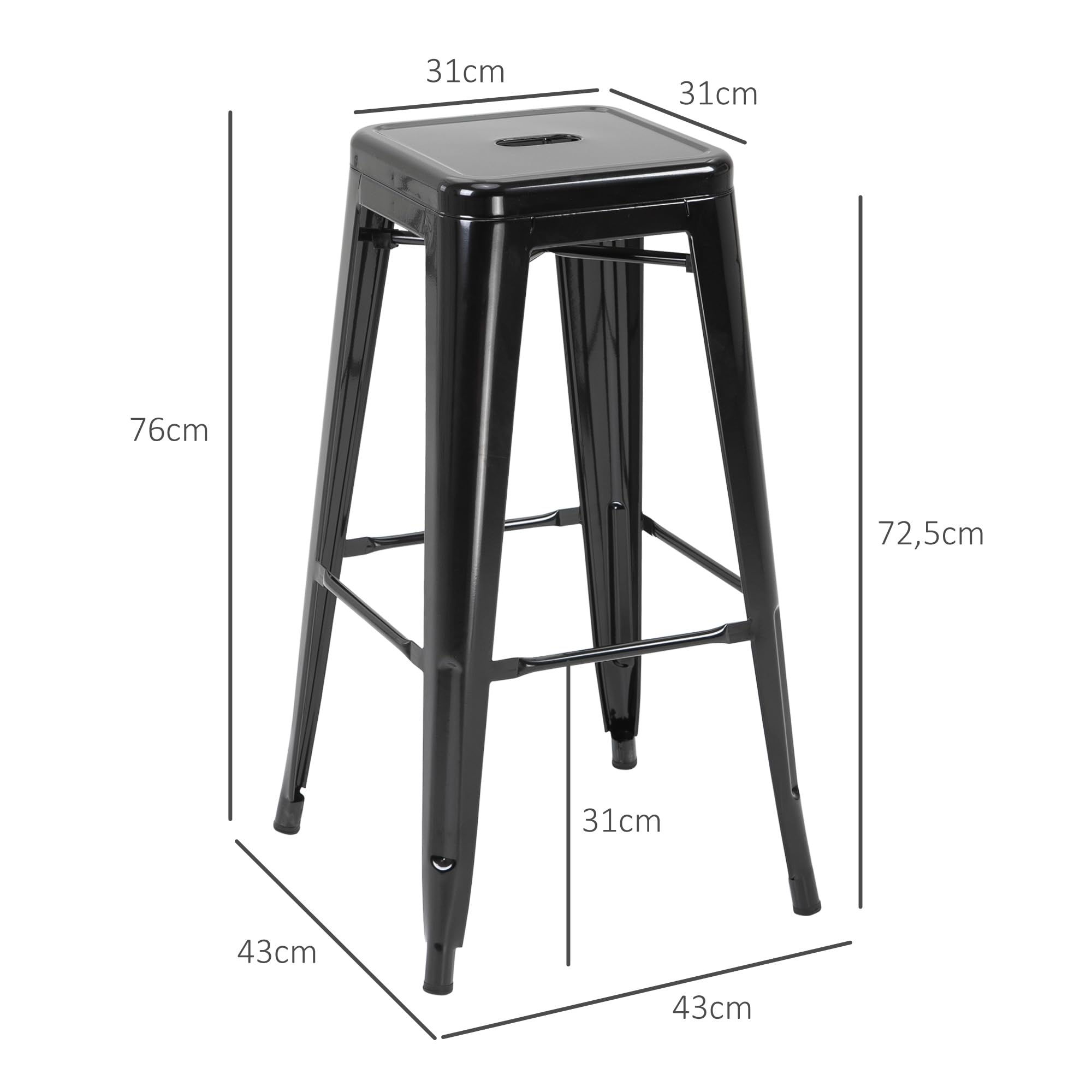 HOMCOM Lot de 4 tabourets de Bar Empilable Chaise de Bar Industriel avec Repose-Pied Hauteur d'Assise 76 cm, Cadre en métal, Style rétro, pour Salle à Manger, Balcon, bistrot ou Bar, Noir