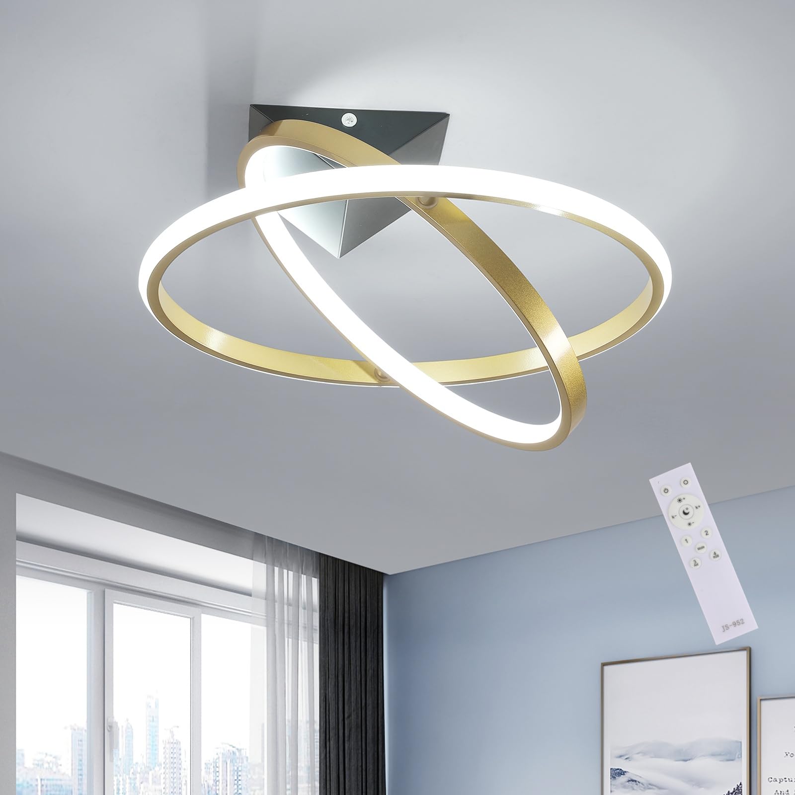 Plafoniera LED Soffitto Moderna, 32W 3600LM Lampada Dimmerabile con Telecomando 3000K-6500K, Ruotabile 360° Lampadario Moderno per Camera da Letto Soggiorno Cucina, Ø41CM, Oro