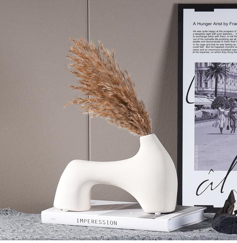 ULINEN White Ceramic Vase, Modern Simple Ceramic Art Vase, Matte Design for Pampas Grass and Flowers, Decorative Vase for Living Room Desktop Home Decoration (A)