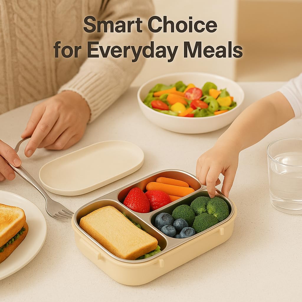 304 Stainless Steel Lunch Box for Work & Travel, 3-Compartment Leakproof Food Container, Healthy Eating & Portion Control, Safe for Home Use, Portion Control for Healthy Eating (Off-white 4 grids)