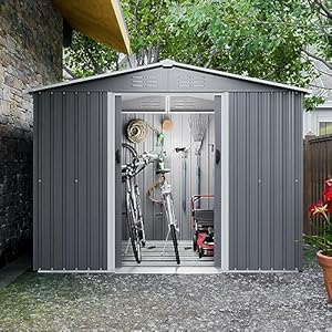 8X6 FT Outdoor Storage Shed with RoofWaterproof House Tool Cabinet WMetal Foundation Lockable Doorsfor ShovelsUmbrellasAntennasEscalatorsGray