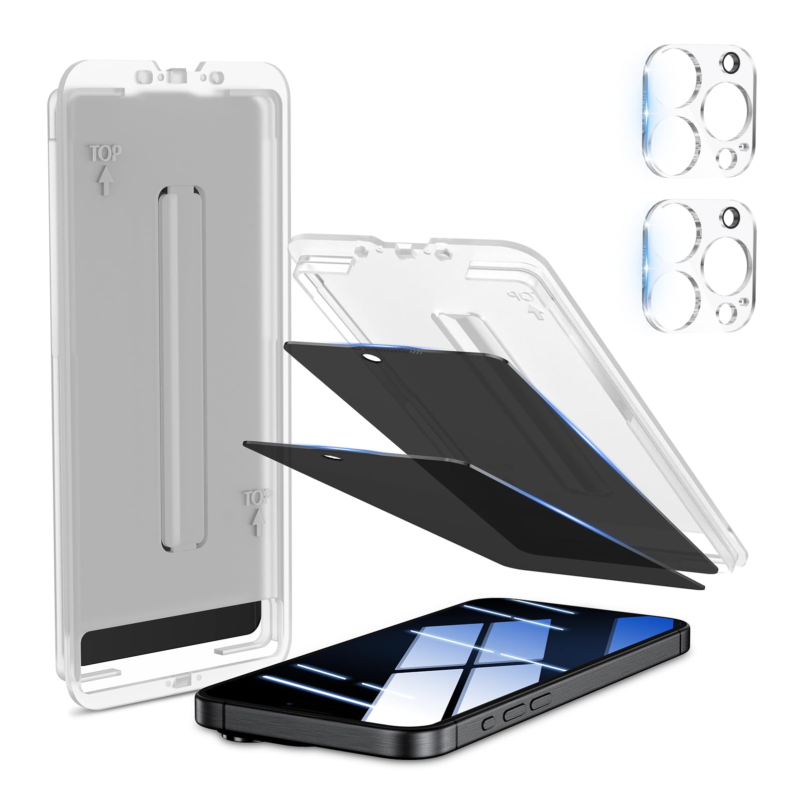 Protector de pantalla de privacidad para iPhone 14 Pro, kit de alineación automática, paquete de 2 + 2, vidrio templado inastillable 9H con protector de lente de cámara compatible con 14 Pro,