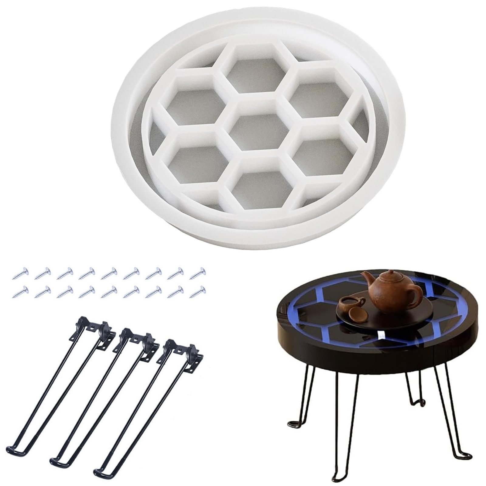 Moule résine époxy table 33 cm avec 3 pieds métal pour création de plateau rond et chevet DIY