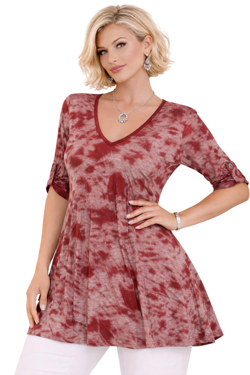 Eye Catch Women's Tye Dye Wine ’S V Neck Tunic Top – Flattering A Line Fit, 3/4 Roll Tab Sleeves, Longline Smart Casual Blouse With Abstract & Tie Dye Prints
