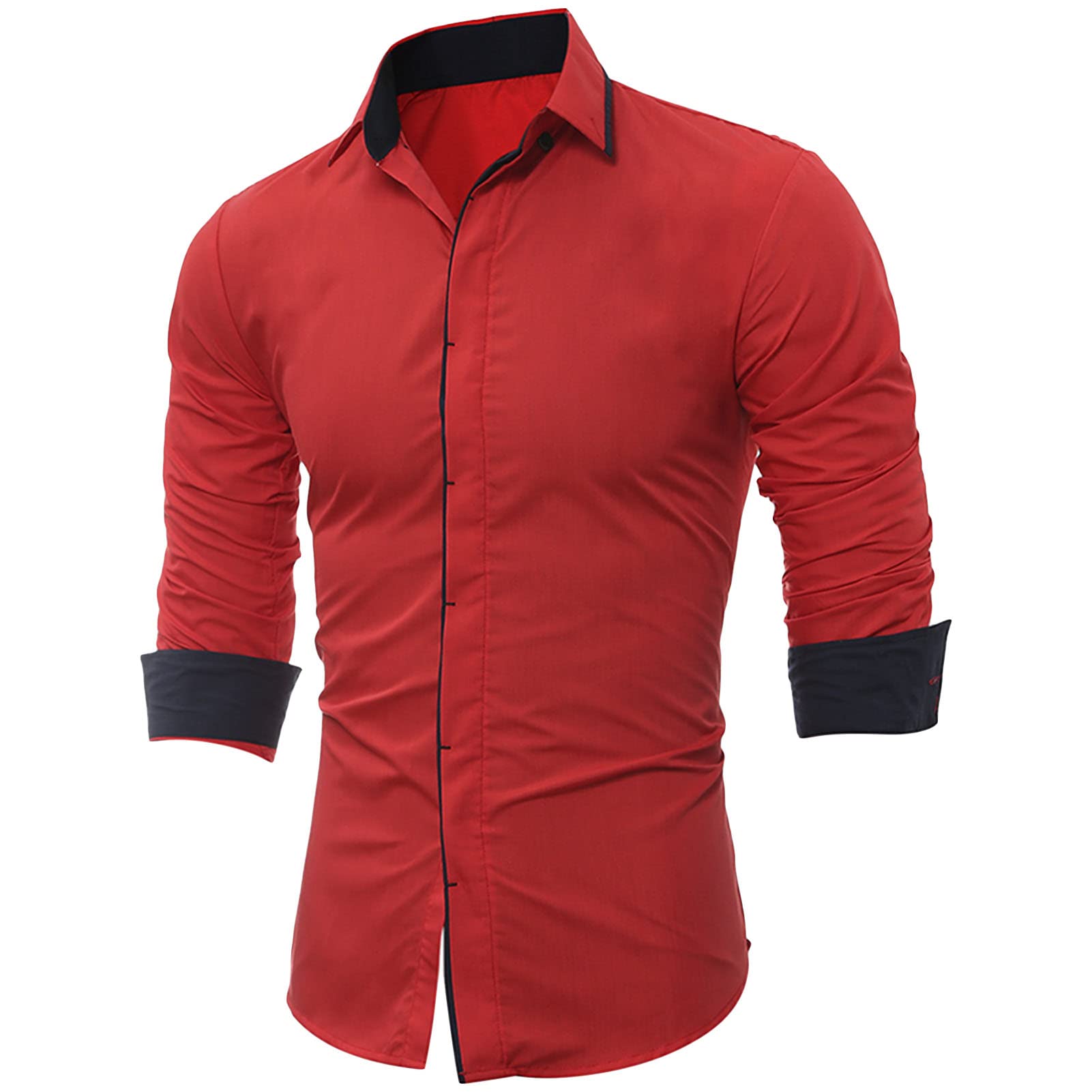 Men's Business Long Sleeve Dress Shirt Stylish Slim Fit Button Up Shirts Solid Lightweight Turn-Down Collar Shirt (Red,Medium)