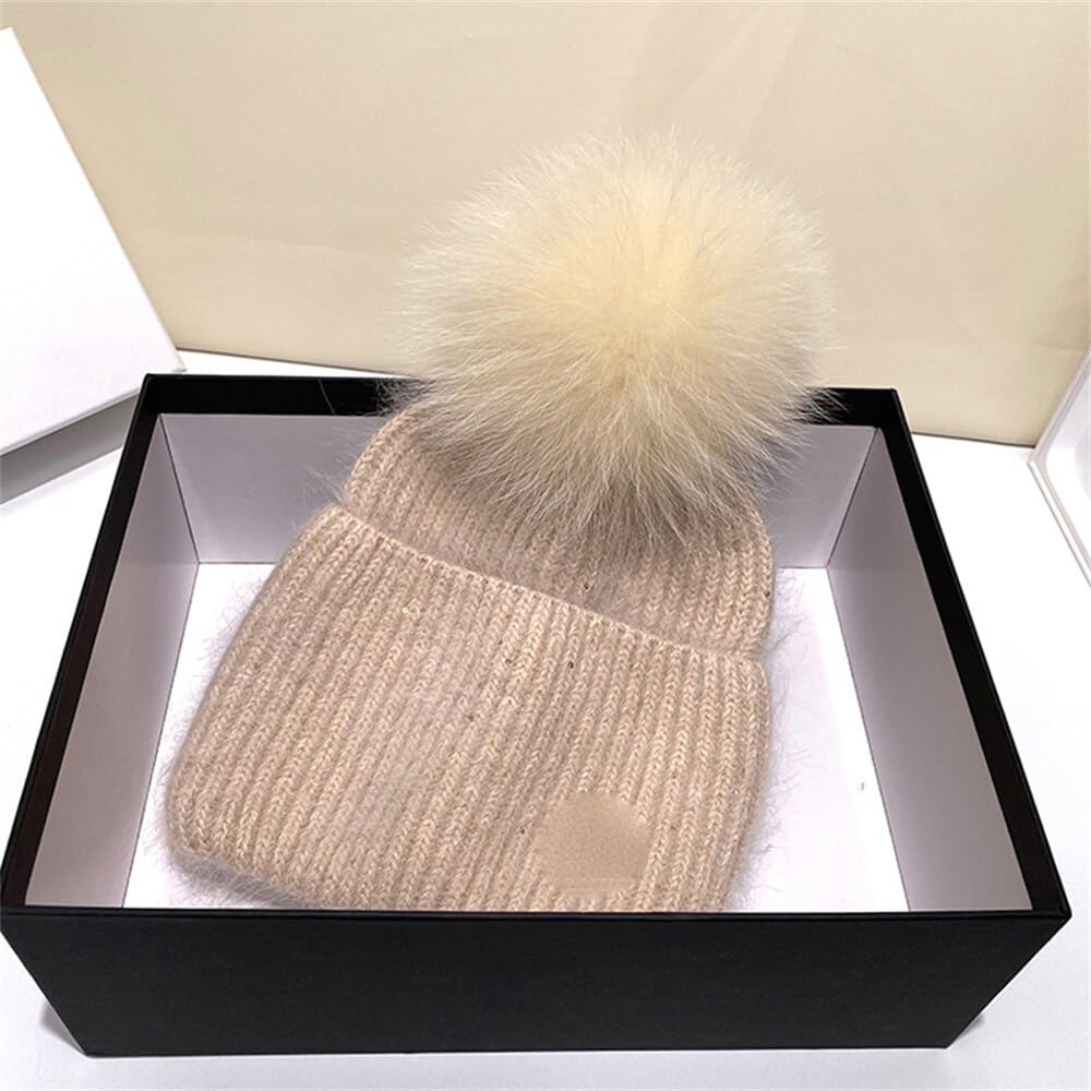 Gorro de Invierno para Mujer, Gorro de Punto con pompón, Gorro para Mujer (Beige, Talla única)
