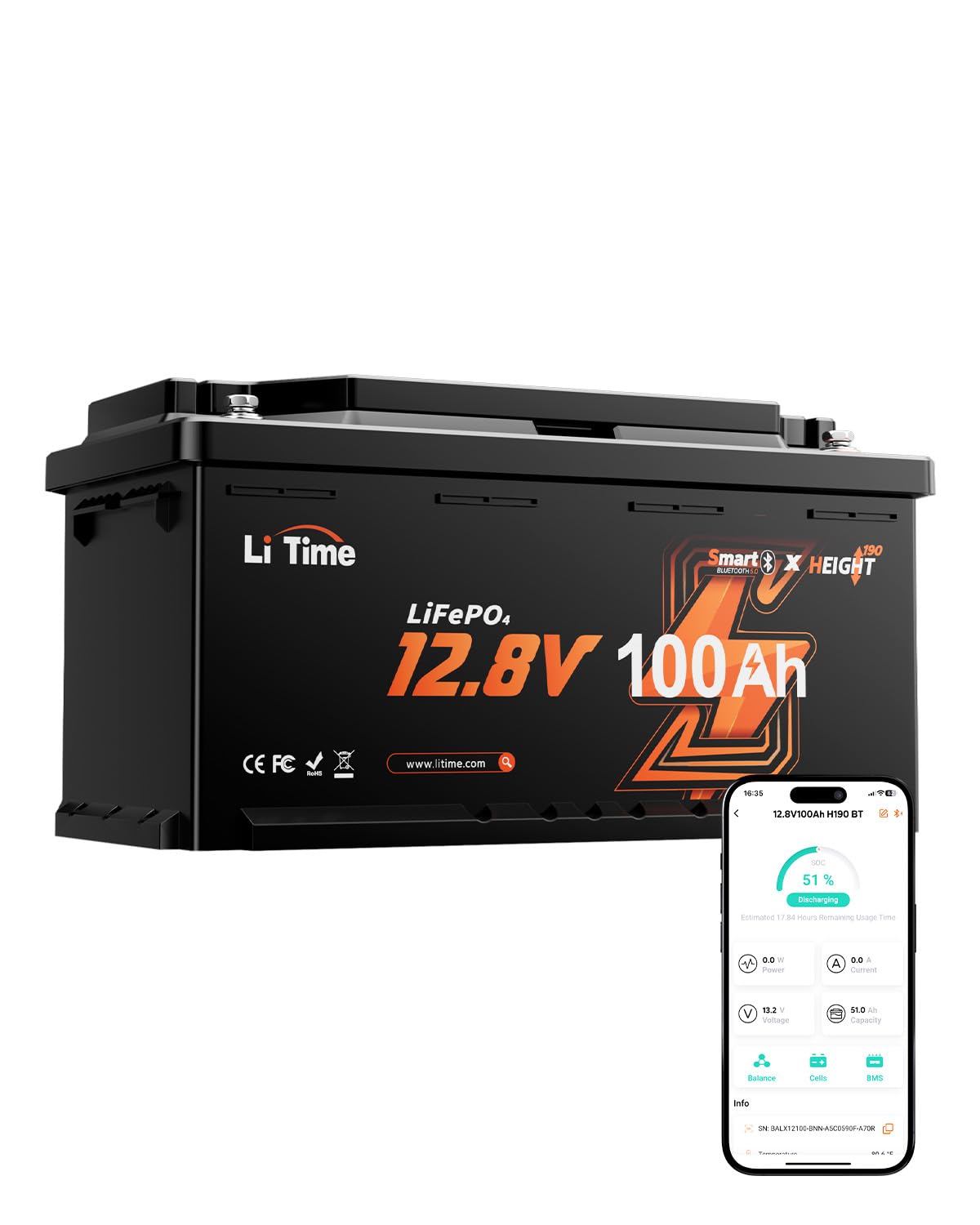 LiTime Lifepo4 Batteria 12V 100Ah H190 Bluetooth, Dimensioni della batteria per camper DIN H8 L5 GROUP49, 100BMS e protezione contro le temperature basse, Progettato appositamente per caravane europee