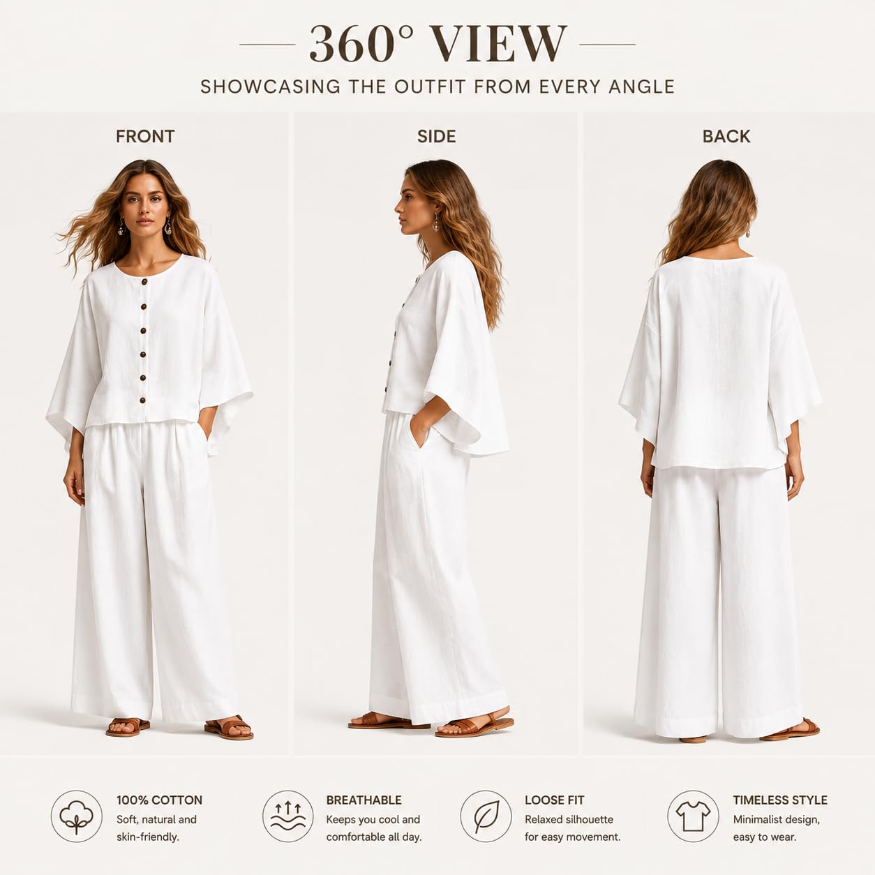 Completo Da Casa Da Donna Composto Da Due Pezzi: Top Con Bottoni Sul Davanti E Pantaloni A Gamba Larga. Outfit Casual, Vestibilità Ampia, In Cotone. Elegante, Leggero, Ideale Per Viaggi, Vacanze E