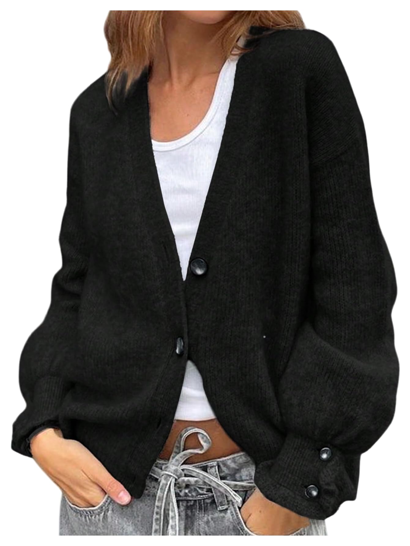 SHENHE Womens Button Down Cardigan Ribbed Loose Fit V Neck Fall Fashion Soft Cardigan Sweater