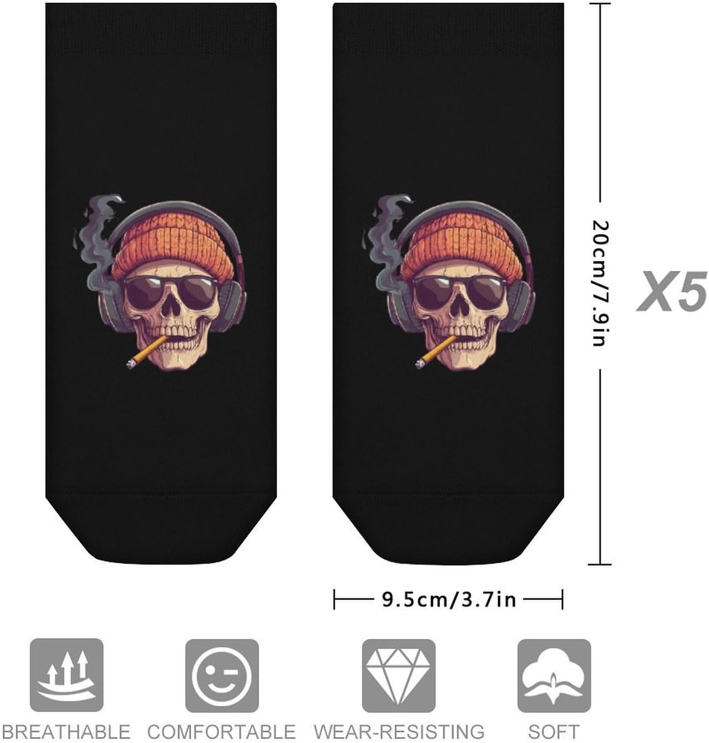 Smoking Skull Wearing Headphones 5 Pairs Ankle Socks for Men Women No Show Low Cut Athletic Short Socks