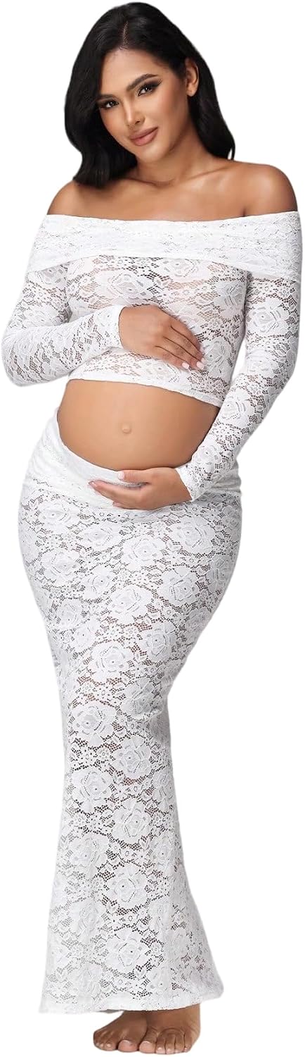 Women's Maternity 2 Piece Outfits Dress Lace Tube Top Hollow Out Skirt for Photoshoot Baby Shower