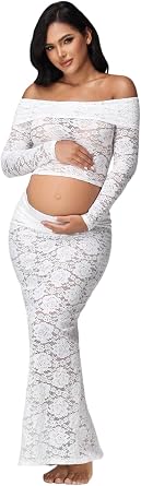 Womens Maternity 2 Piece Outfits Dress Lace Tube Top Hollow Out Skirt for Photoshoot Baby Shower