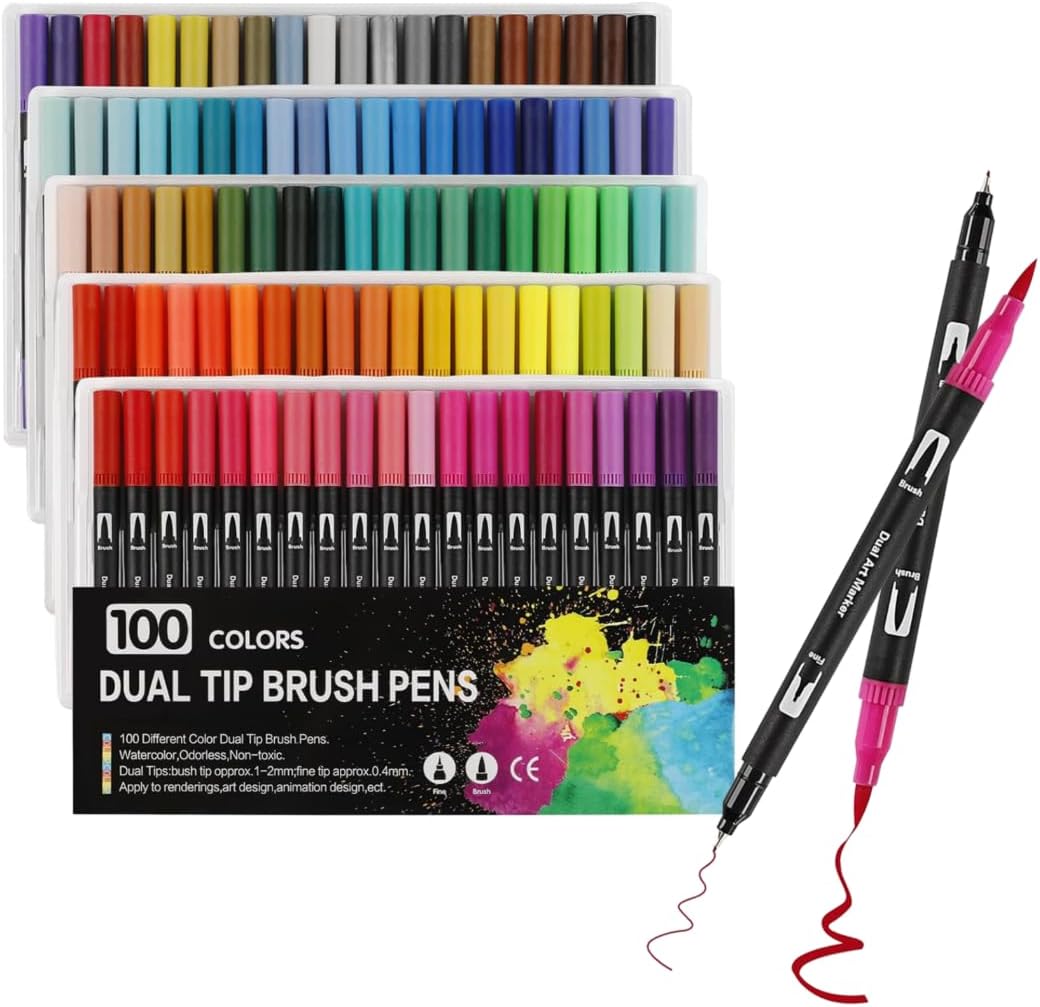Coloring Dual Pens,100 Colors Art Watercolour Dual Brush Pens Tip, Fine Tip Art Markers for Kids & Adult Artist Books, Sketching, Drawing, Painting, Illustrations, Calligraphy, Graphics