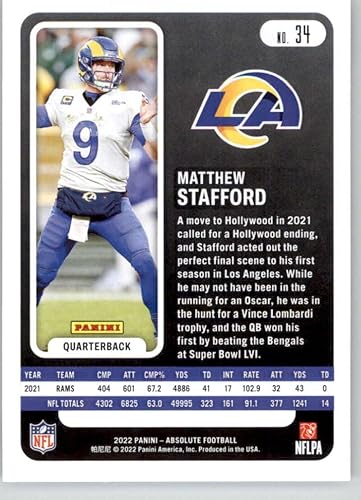 Miniatura 2 de 2022 Panini Absolute 34 Matthew Stafford NM-MT Los Angeles Rams Football Trading Card NFL