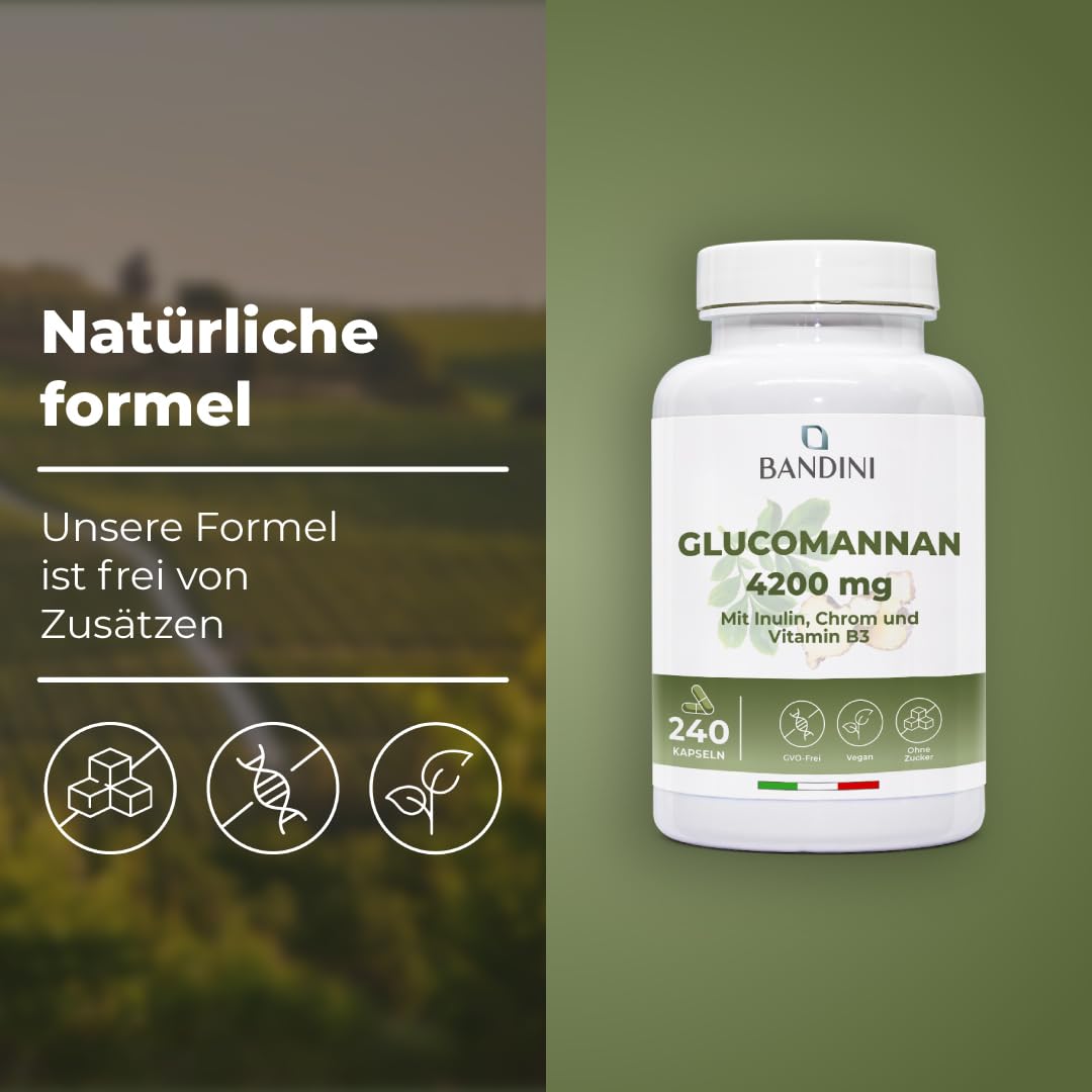Bandini® Glucomannan aus der Konjak Wurzel - 4200 mg pro Tagesdosis - 240 Kapseln - Optimiert mit Bakterienkulturen, Chrom, Vitamin B3 und Inulin - Hochdosiertes Supplement - Vegan
