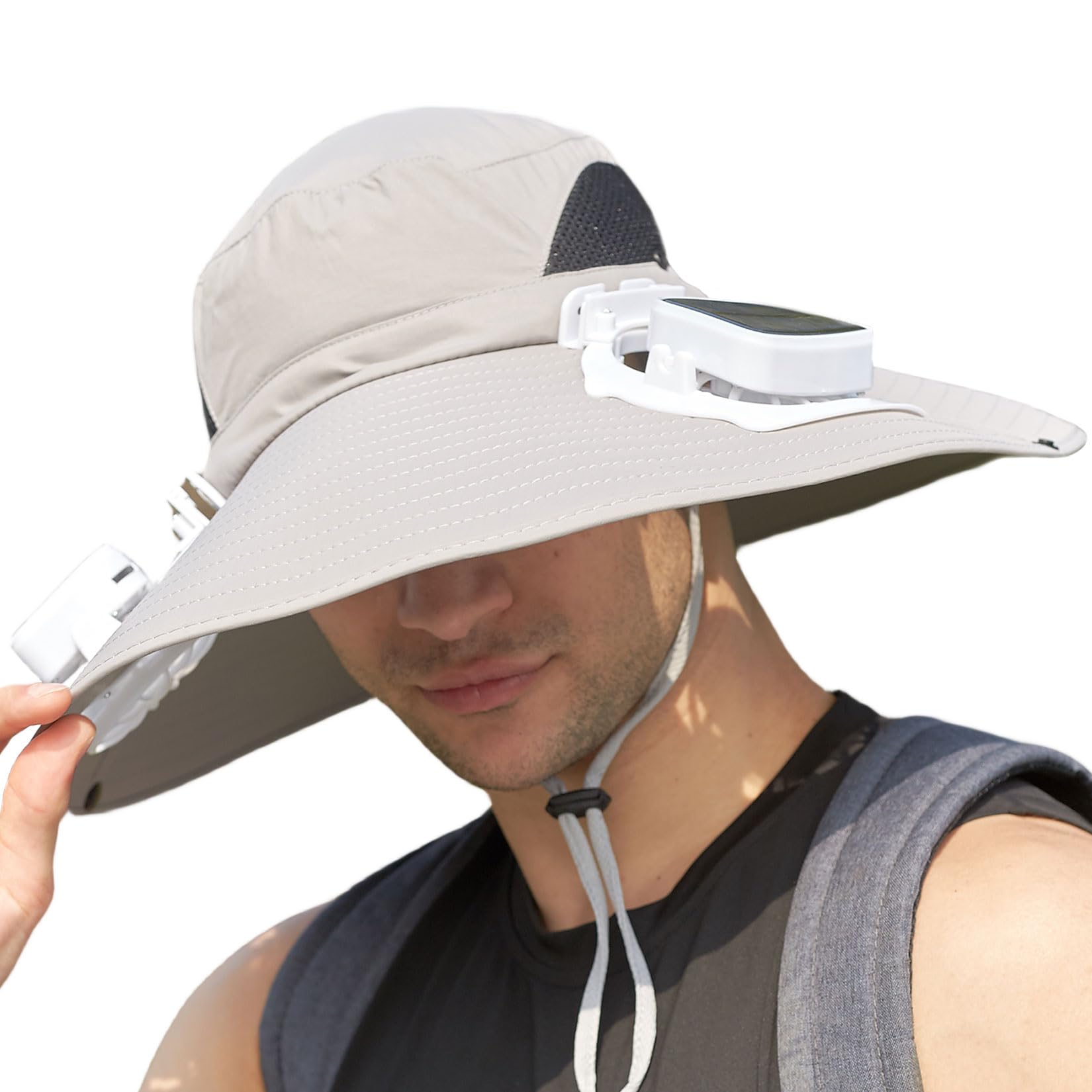 Cappello da pesca da uomo con 2 ventilatori solari Cappello da pescatore solare con protezione UV a tesa larga da 6" Cappelli a secchiello unisex per escursioni in spiaggia,Grigio,One Size