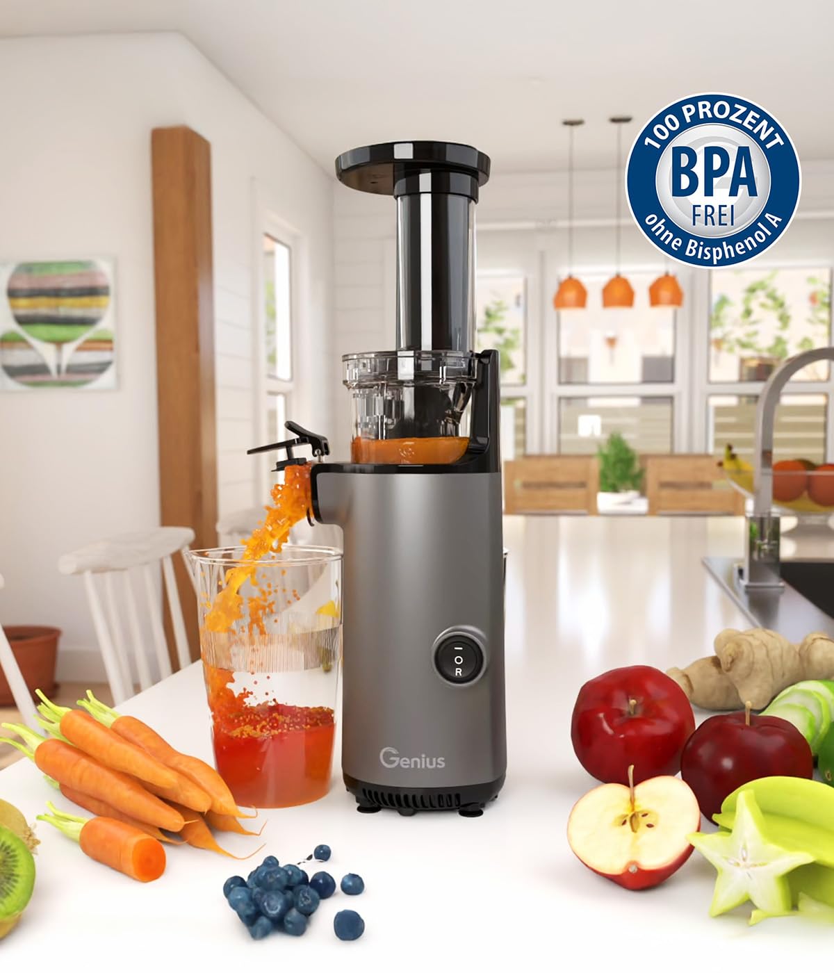 Genius Slow Juicer Mini Saftpresse für Gemüse und Obst, 9-teilig, Kaltpresse, 130 W, leise, einfaches Design, leichte Fruchtpresse, elektrisch, einfache Reinigung mit Bürste